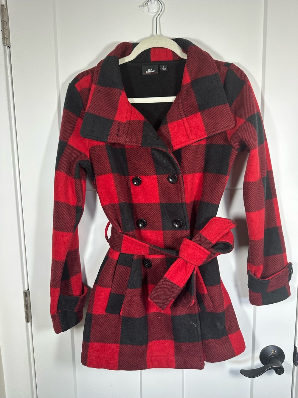 Ike Behar Red and Black Plaid Trench Coat